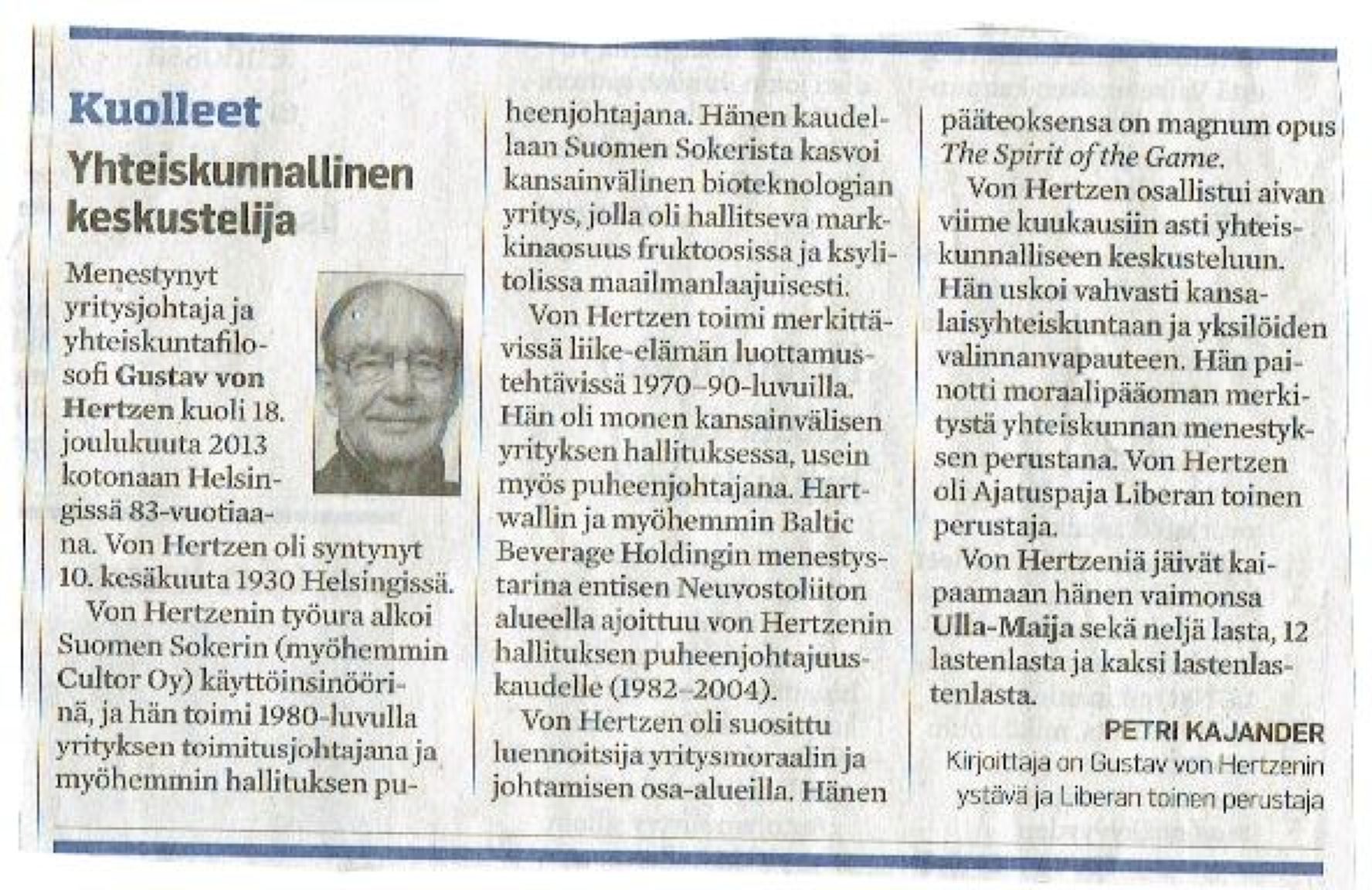 Muistokirjoitus Aamulehti 27.12.13