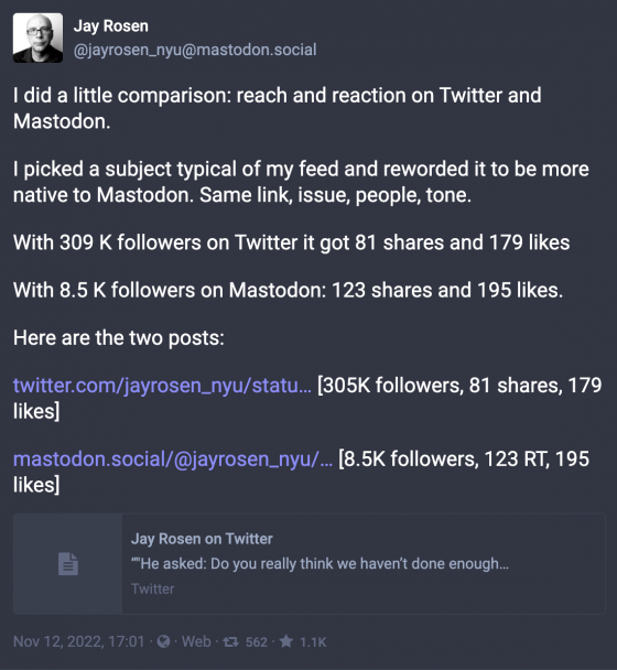 Mastodon vs. Twitter engagement comparison https://mastodon.social/@jayrosen_nyu/10933143366085098