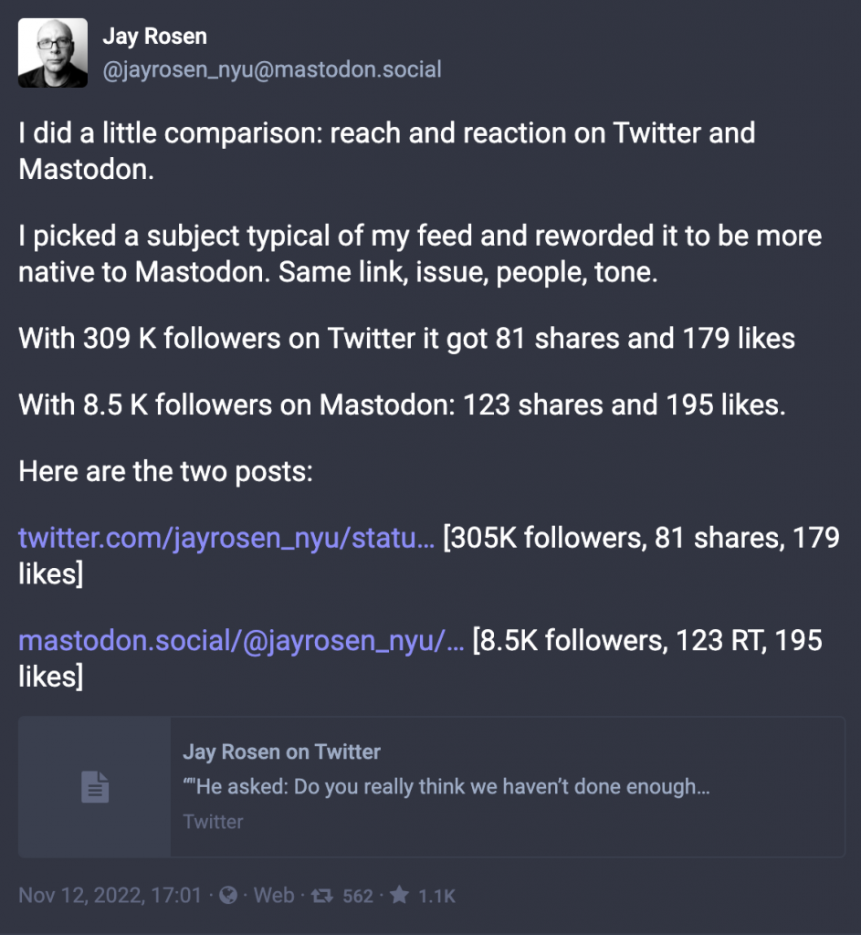 Mastodon vs. Twitter engagement comparison https://mastodon.social/@jayrosen_nyu/10933143366085098